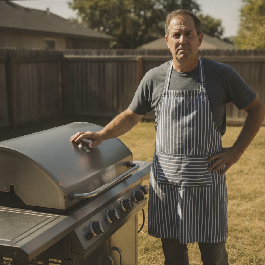 A middle-aged man in a striped apron standing proudly beside a large stainless steel barbecue grill in a suburban backyard, one hand on his hip and the other gesturing at the closed lid, harsh midday sun, deadpan press-photo composition