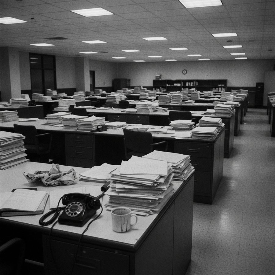 Rows of cluttered newsroom desks under fluorescent light, stacks of paper, an old rotary phone and a lone coffee mug, shot in stark documentary black and white