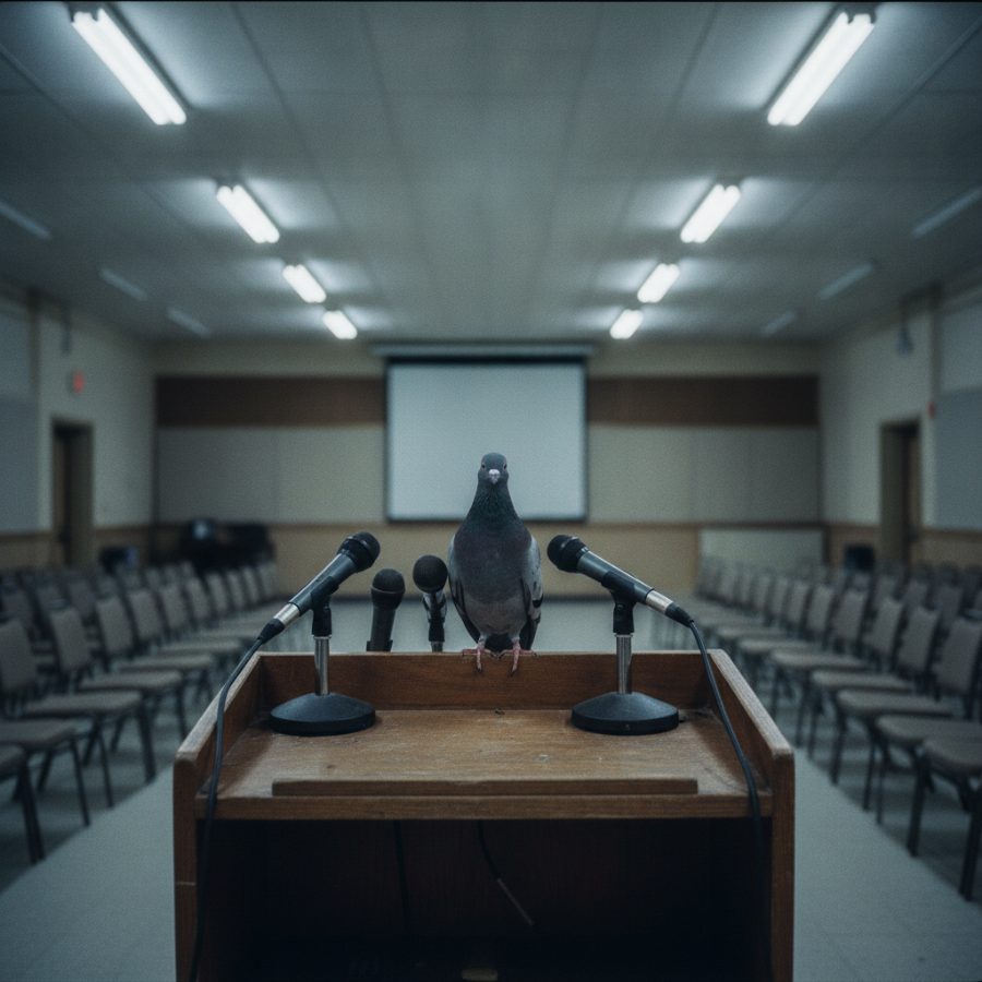 A single pigeon standing at a wooden press-conference podium in an empty municipal hall, harsh overhead fluorescent light, photographed straight on like a wire-service news photo