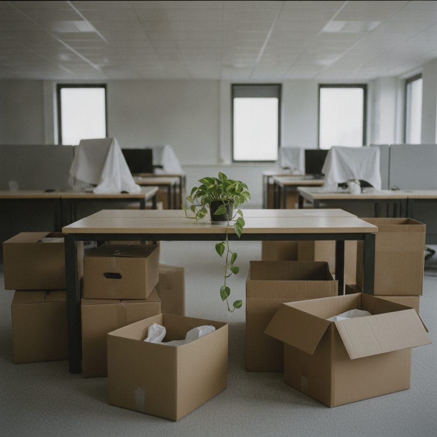A small potted office plant on an empty desk surrounded by moving boxes in a deserted open-plan office, soft grey window light, still and solemn documentary framing