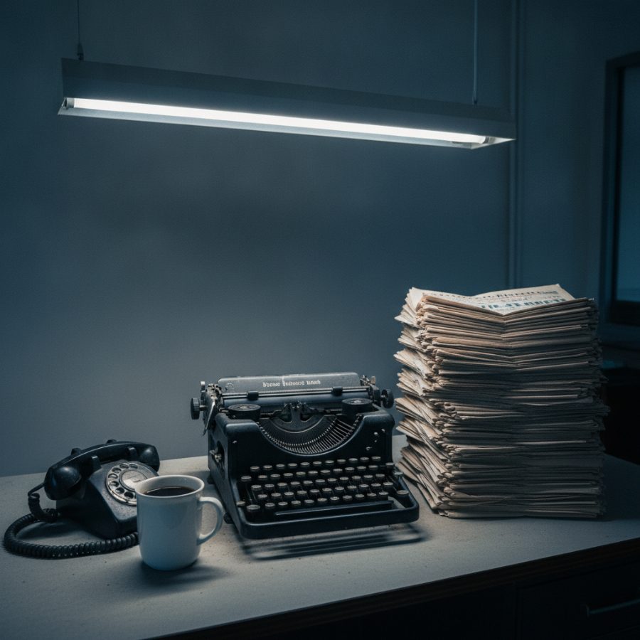 A quiet newsroom desk with an old typewriter, stacked newsprint, a rotary phone and a single mug of black coffee under harsh fluorescent light, everyone off frame, mid-century wire-service atmosphere
